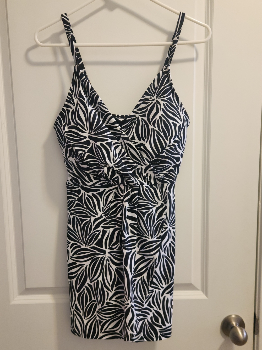 Lands' End Black and White Leaf-Print Wrap Swimsuit